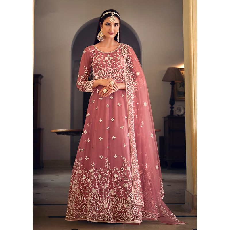 Wedding Wear Pink Net Sequins Embroidered Anarkali Suit