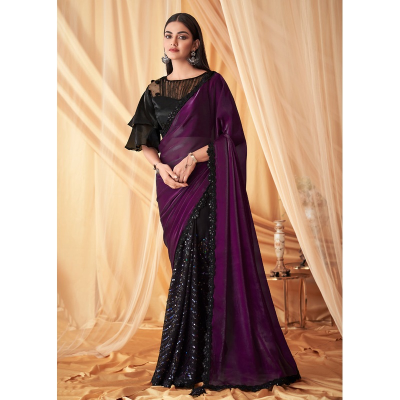 Wine & Black Georgette Silk Embroidered Festive Party Saree