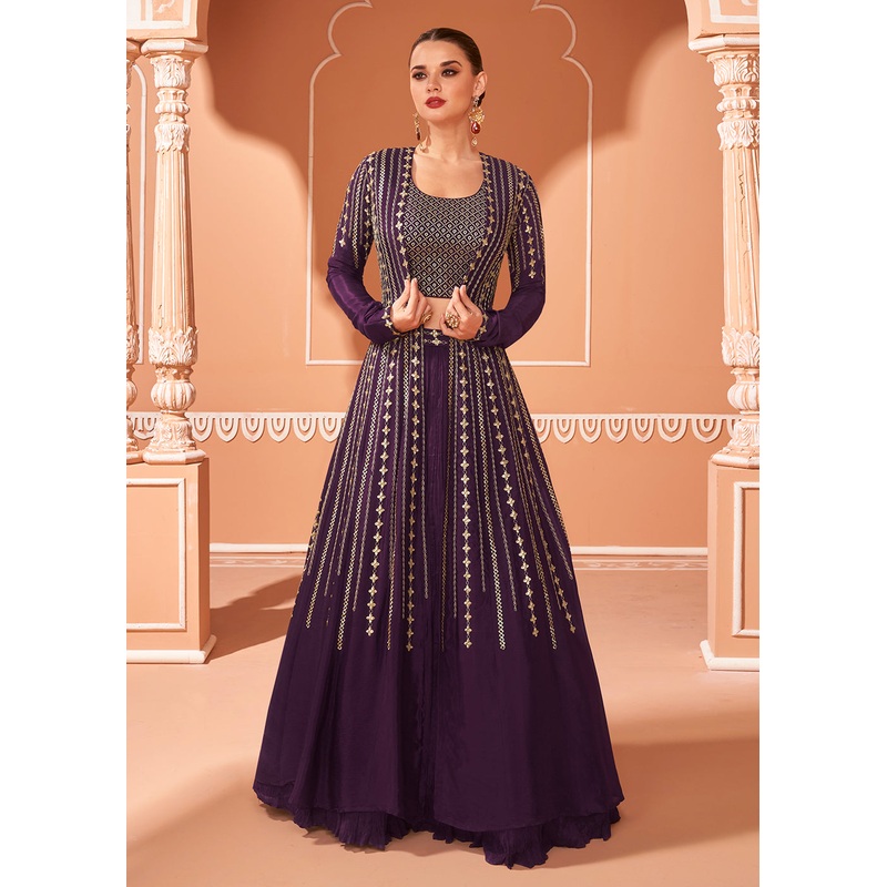 Wine Embroidered Georgette Jacket Style Lehenga Choli