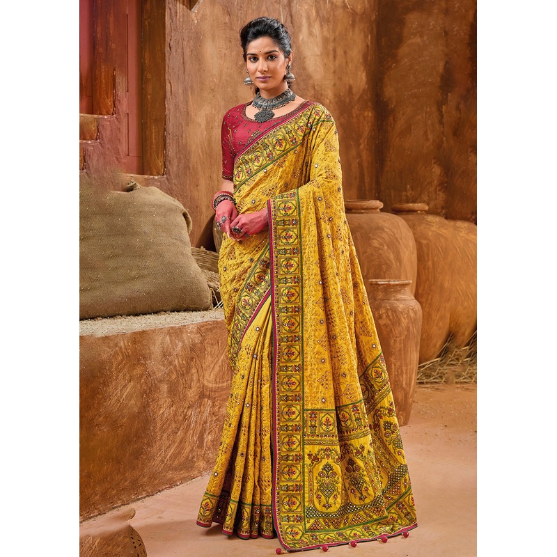 Yellow Kachhi & Mirror Work Traditional Banarasi Saree