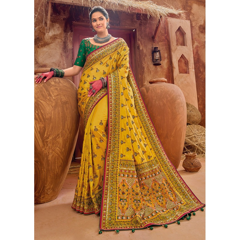 Yellow Kachhi Work Embroidered Traditional Banarasi Saree