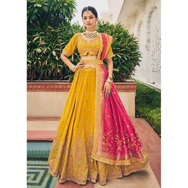 Alluring Yellow Viscose Silk Traditional Bridal Lehenga Choli