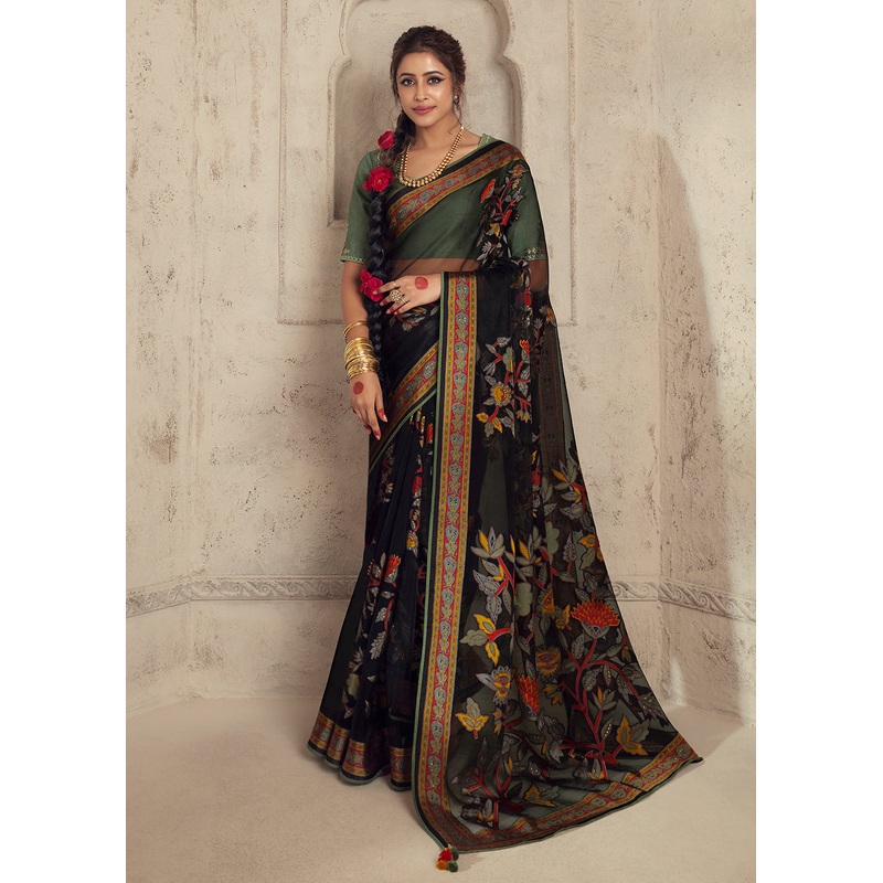 Black Soft Organza Brasso Embroidered Wedding Festive Saree