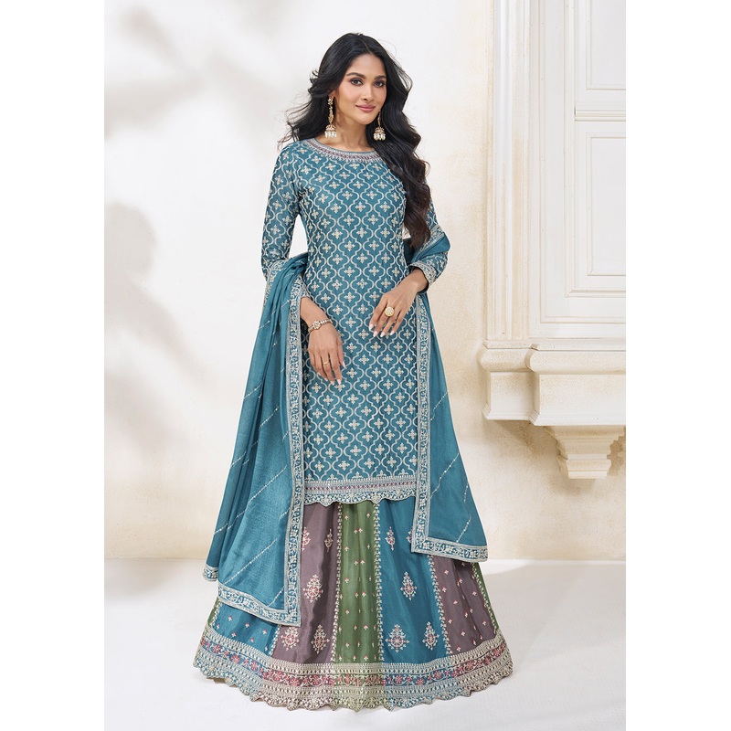 Blue Multicolor Sequins Embroidered Lehenga Skirt Suit