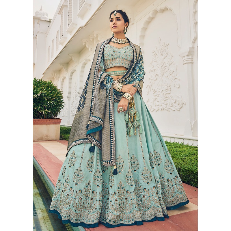 Captivating Sky Blue Viscose Silk Traditional Bridal Lehenga Choli