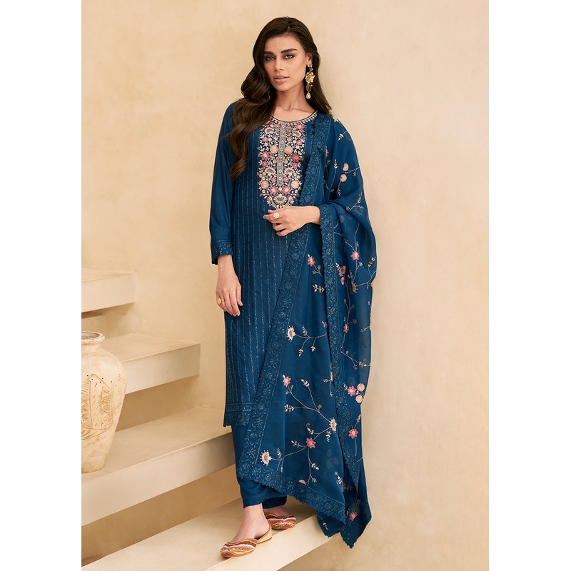Embroidered Blue Dola Silk Festive Style Salwar Suit