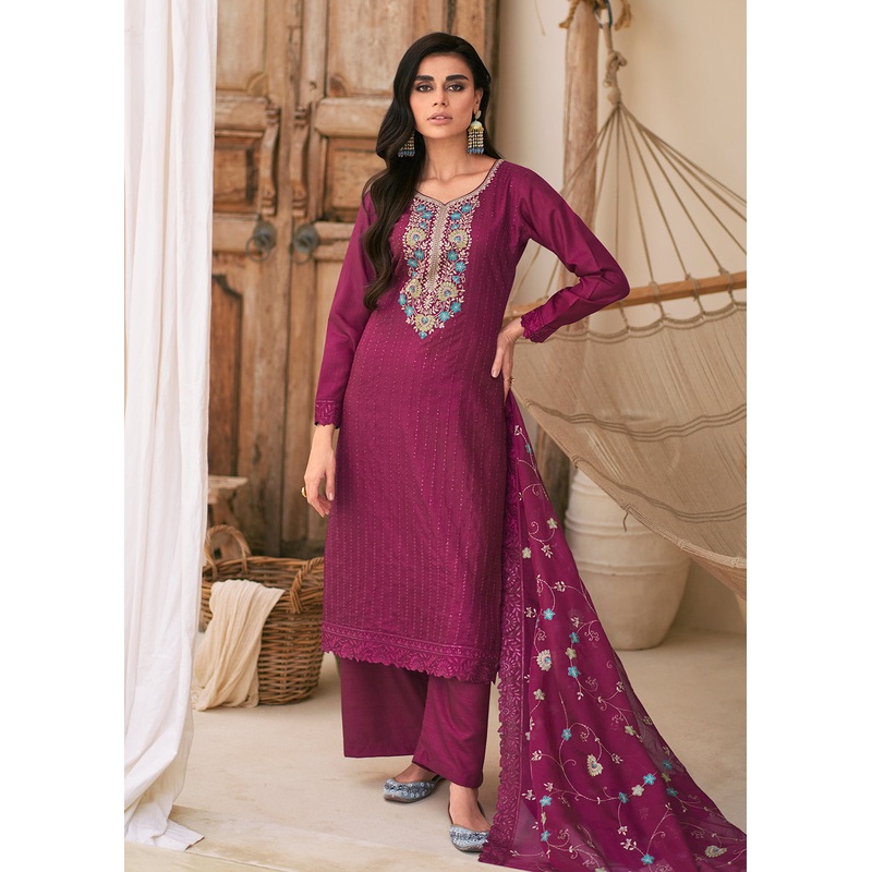 Embroidered Pink Dola Silk Festive Style Salwar Suit