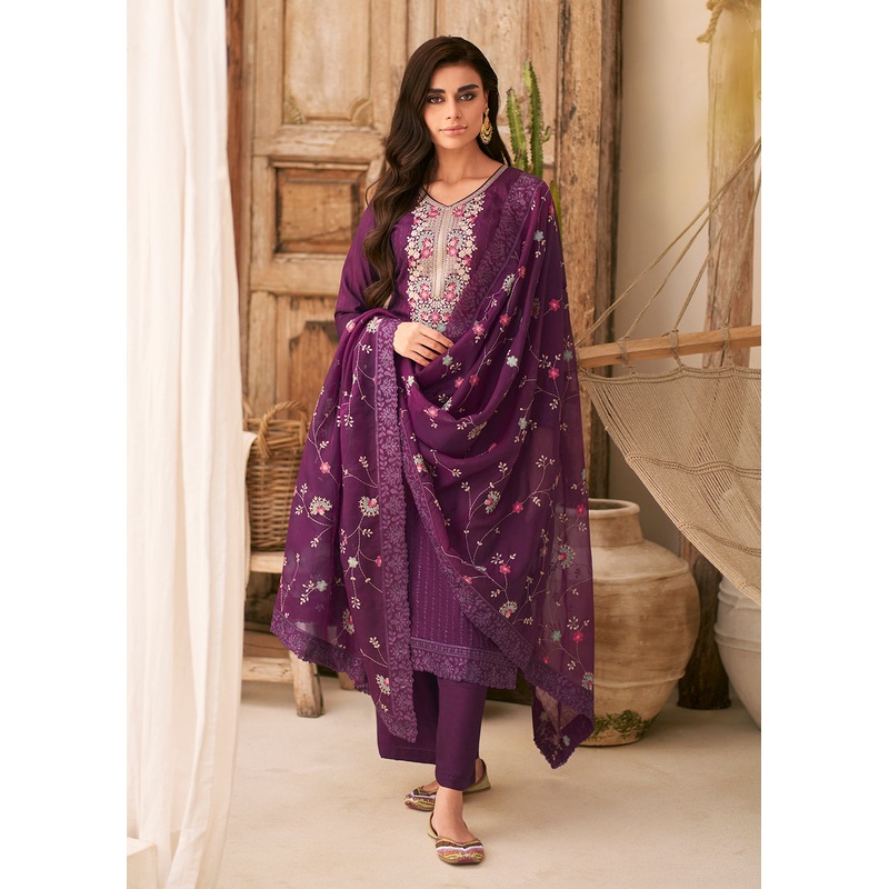 Embroidered Purple Dola Silk Festive Style Salwar Suit