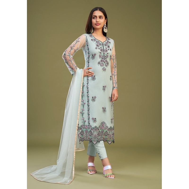 Firozi Multi Thread Embroidered Net Salwar Suit