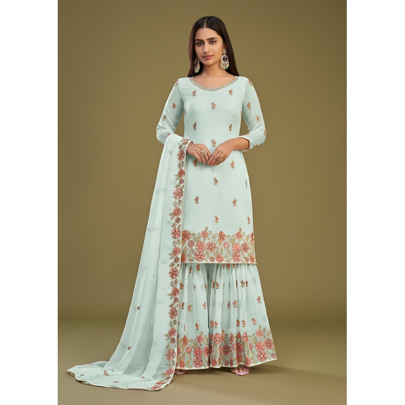 Georgette Blue Multi Thread Embroidered Gharara Suit