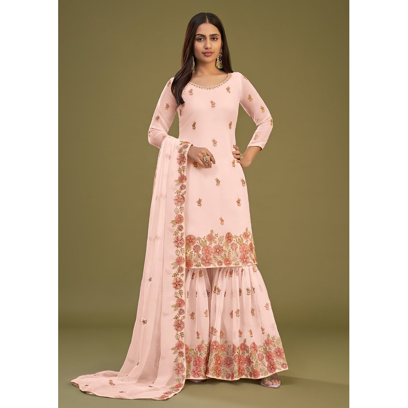 Georgette Peach Multi Thread Embroidered Gharara Suit
