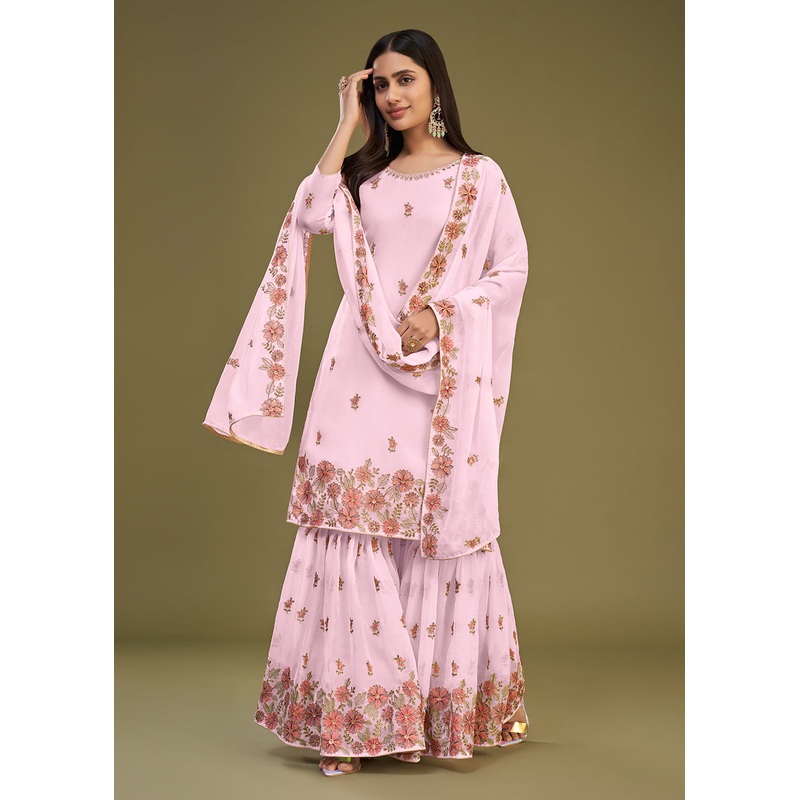 Georgette Pink Multi Thread Embroidered Gharara Suit