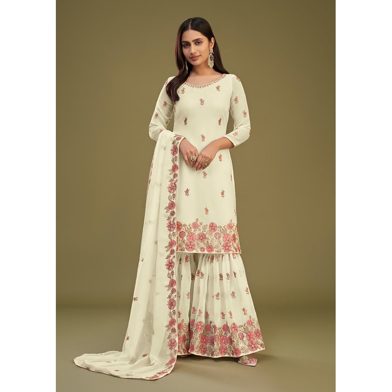 Georgette Yellow Multi Thread Embroidered Gharara Suit