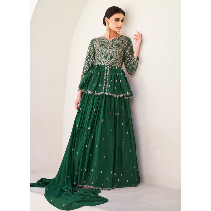 Green Embroidered Wedding Party Lehenga Skirt Suit