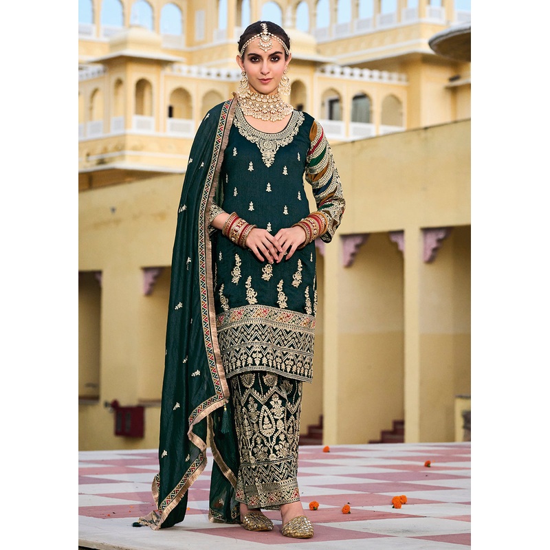 Green Premium Silk Embroidered Festive Ready Palazzo Suit