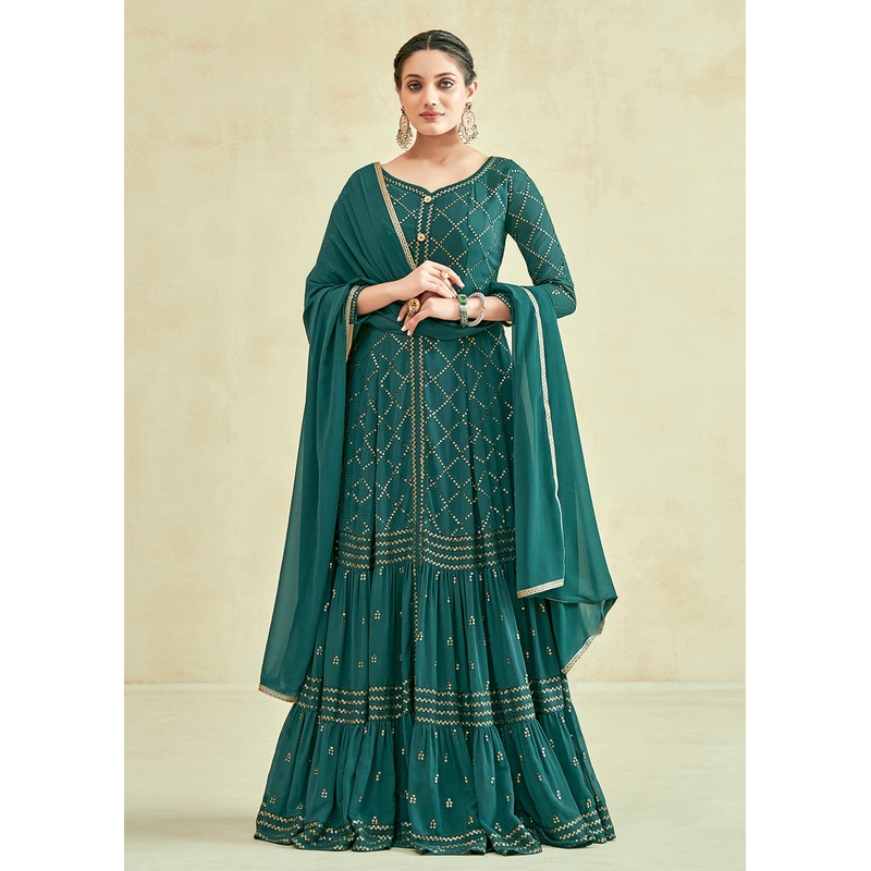 Green Real Georgette with Sequins Wedding Festive Gown