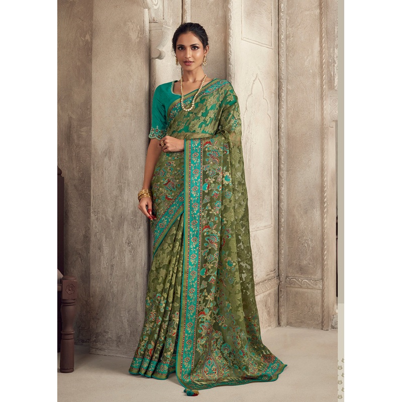 Green Soft Organza Brasso Embroidered Wedding Festive Saree