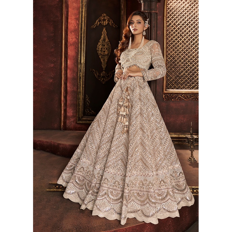 Heavy Embroidered Beige Ivory Net Bridal Lehenga Choli