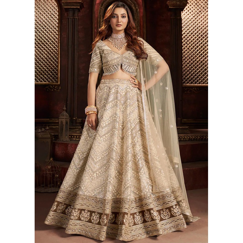 Heavy Embroidered Beige Ivory Organza Bridal Lehenga Choli