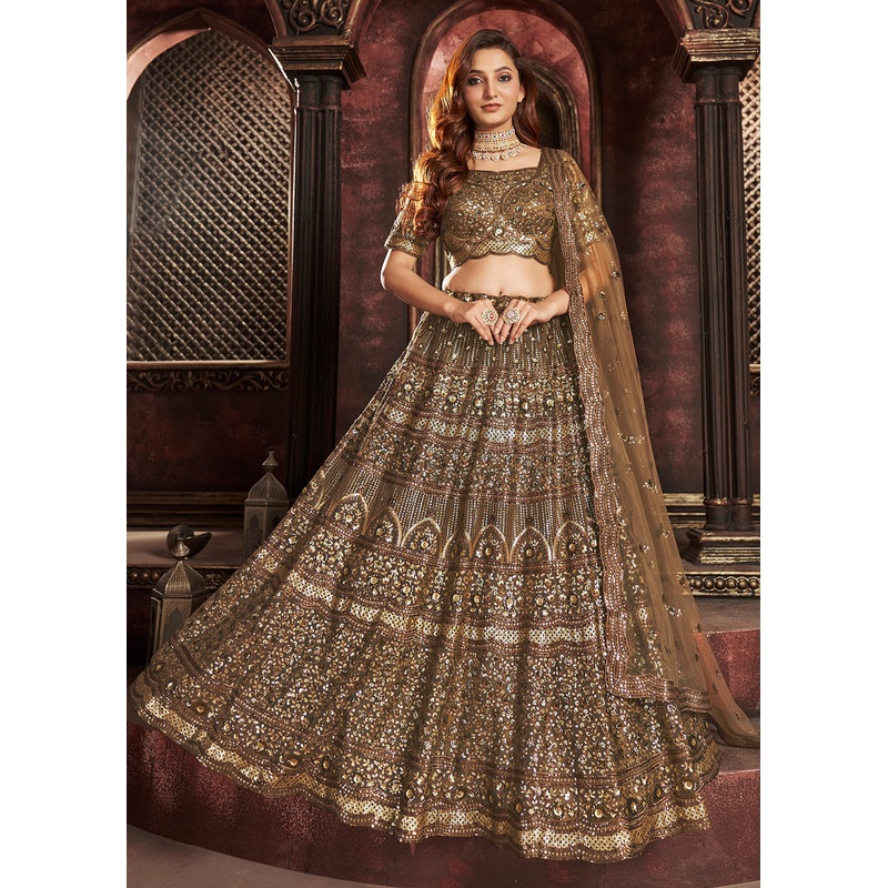 Heavy Embroidered Chocolate Brown Net Bridal Lehenga Choli