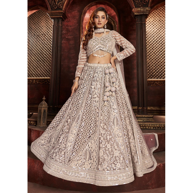 Heavy Embroidered Grey Ivory Net Bridal Lehenga Choli