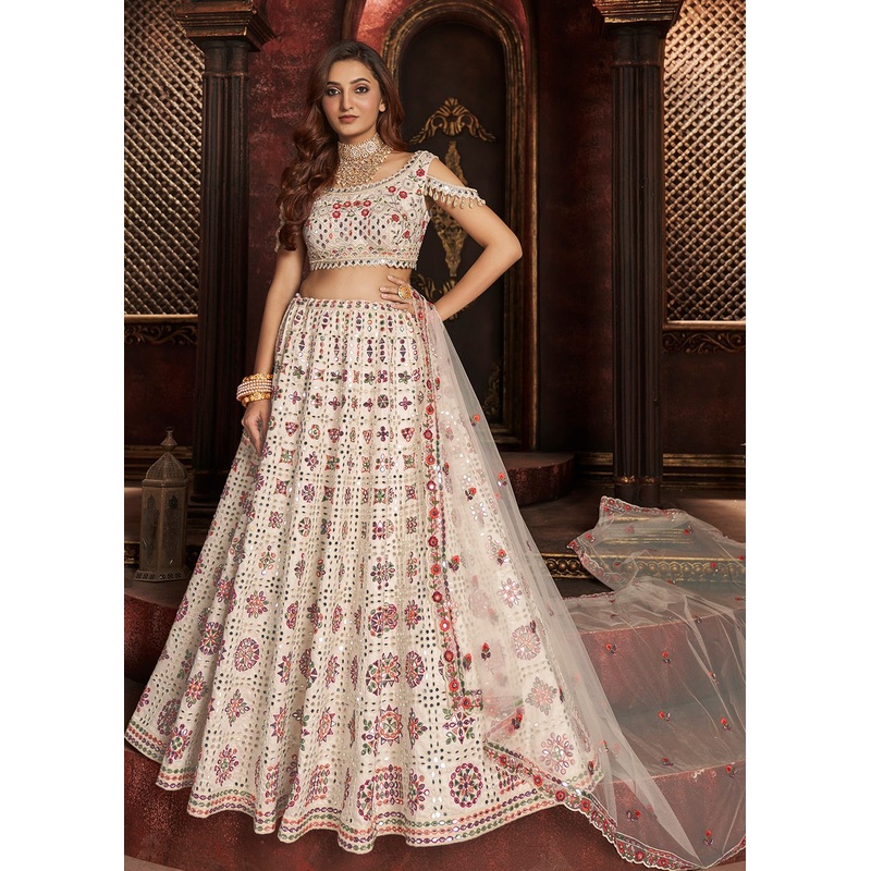 Heavy Embroidered Off White Silk Bridal Lehenga Choli
