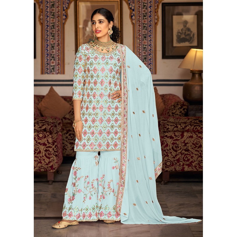 Heavy Georgette Blue Sequins Embroidered Gharara Suit