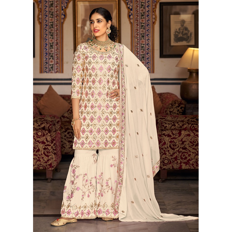 Heavy Georgette Cream Sequins Embroidered Gharara Suit