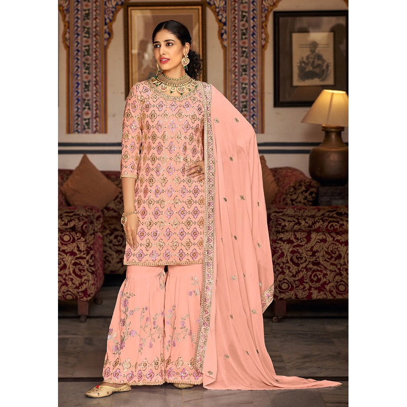 Heavy Georgette Peach Sequins Embroidered Gharara Suit