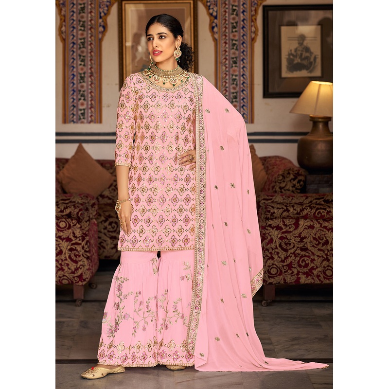 Heavy Georgette Pink Sequins Embroidered Gharara Suit