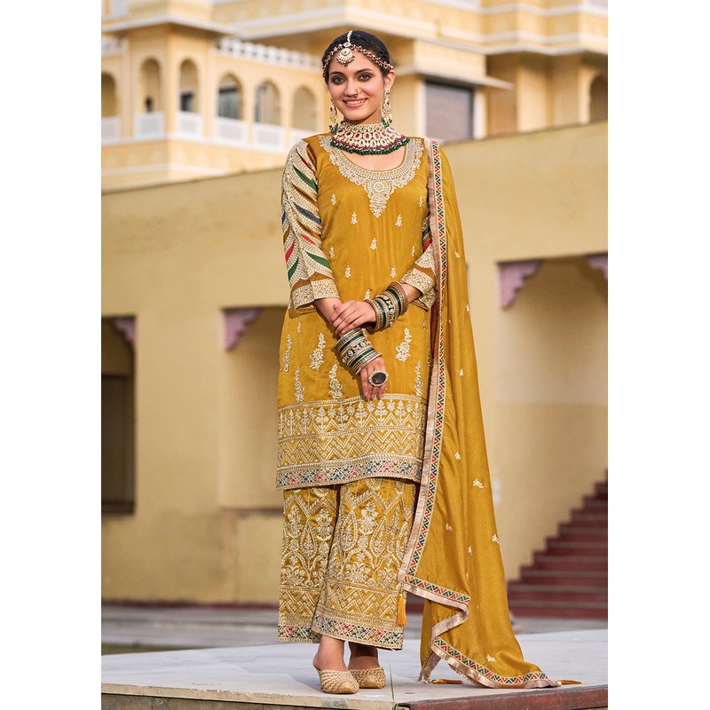 Mustard Premium Silk Embroidered Festive Ready Palazzo Suit