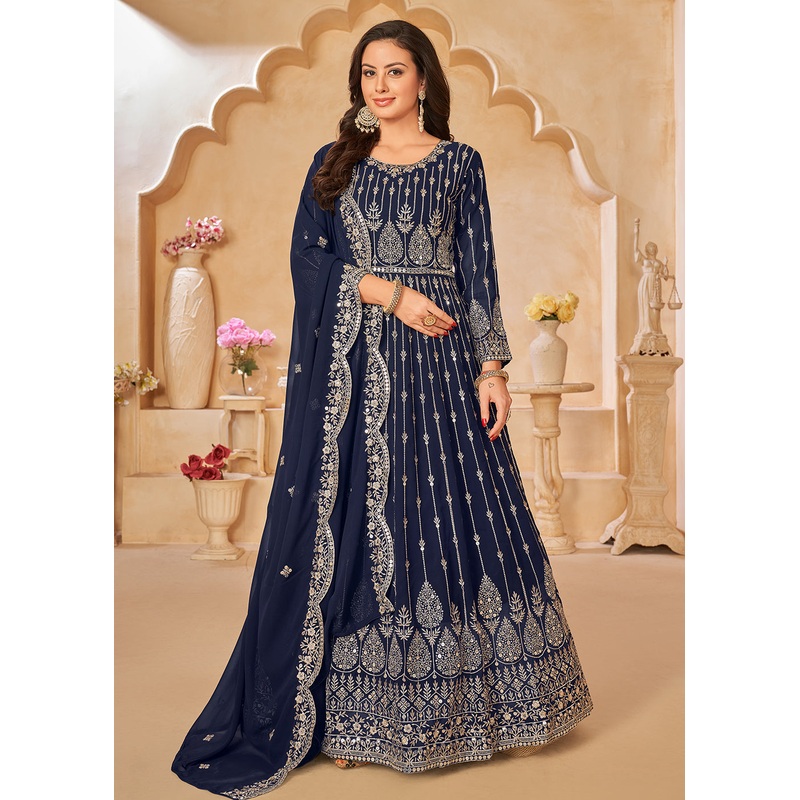 Navy Blue Resham Zari Embroidered Festive Anarkali Suit