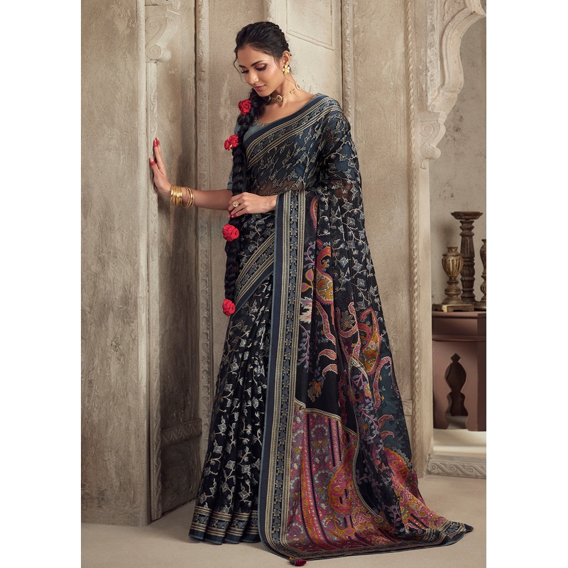 Navy Blue Soft Organza Brasso Embroidered Wedding Festive Saree