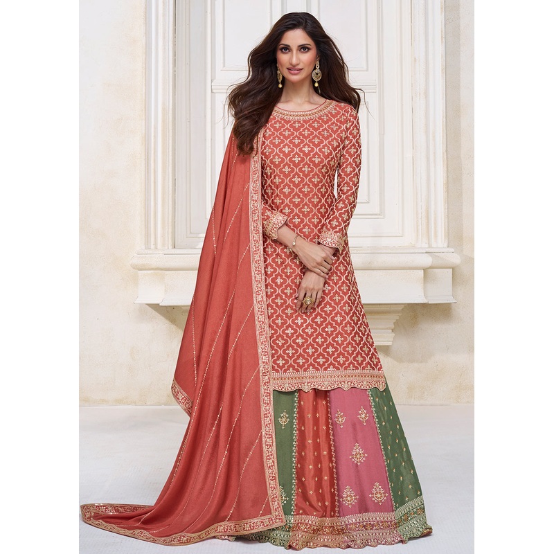 Orange Multicolor Sequins Embroidered Lehenga Skirt Suit