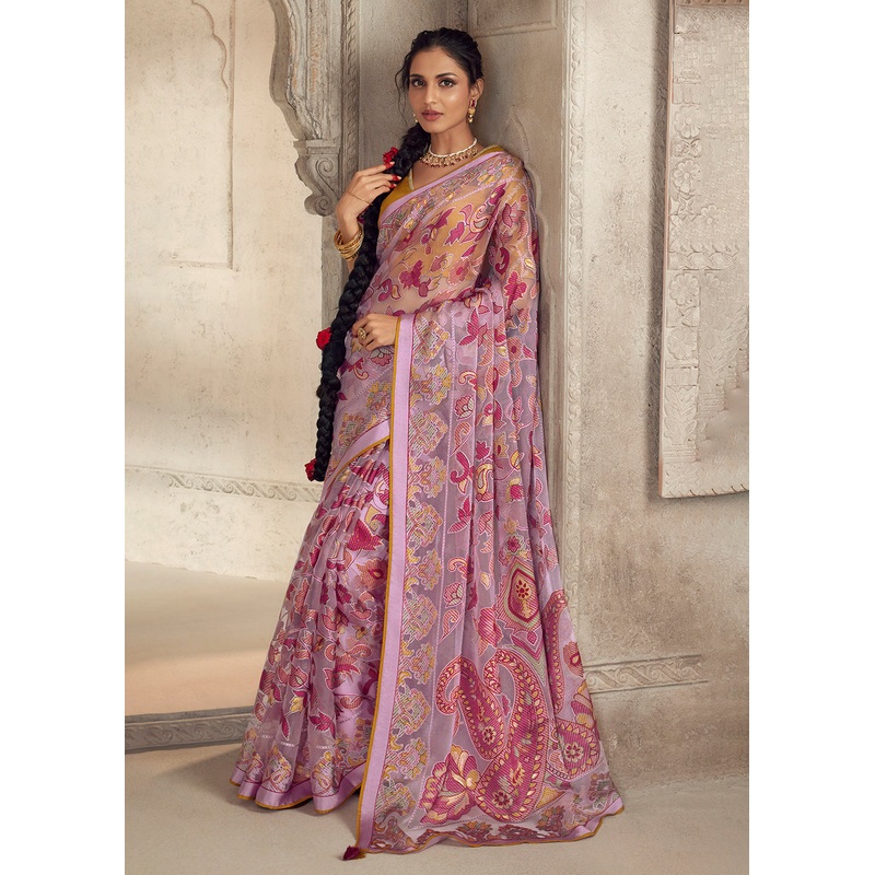 Orchid Pink Soft Organza Brasso Embroidered Wedding Festive Saree