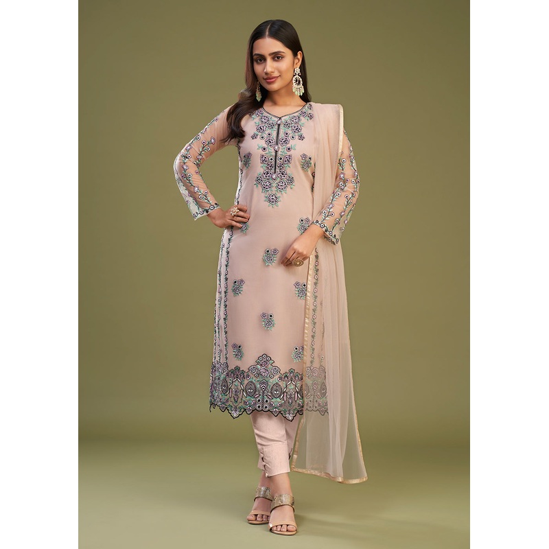 Peach Multi Thread Embroidered Net Salwar Suit