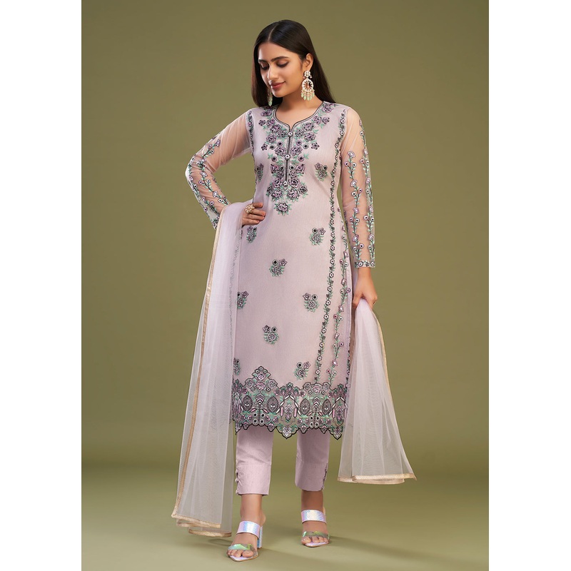Pink Multi Thread Embroidered Net Salwar Suit