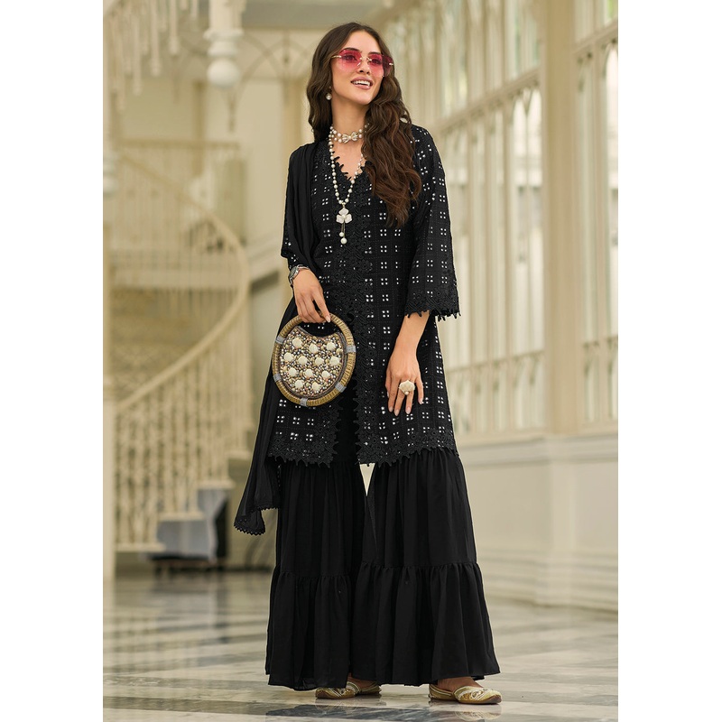 Pleasing Black Fancy Embroidered Festive Gharara Suit