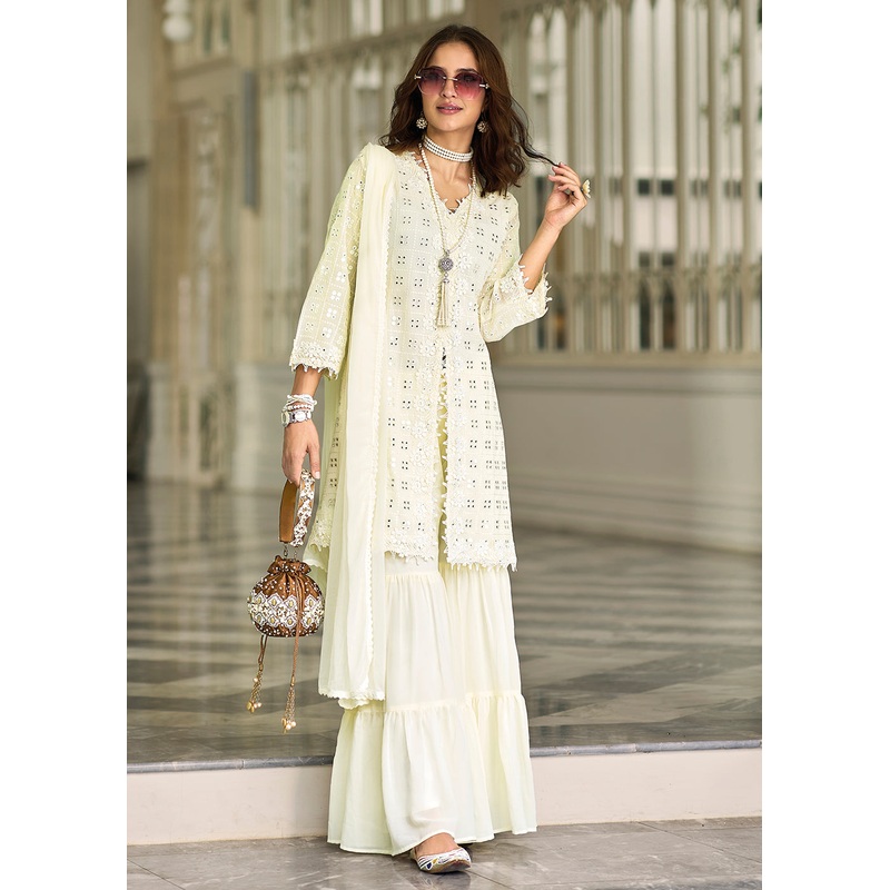 Pleasing Off White Fancy Embroidered Festive Gharara Suit
