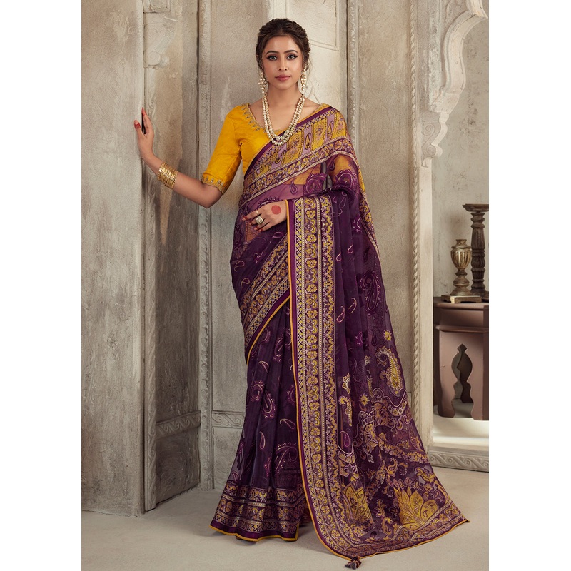 Plum Soft Organza Brasso Embroidered Wedding Festive Saree