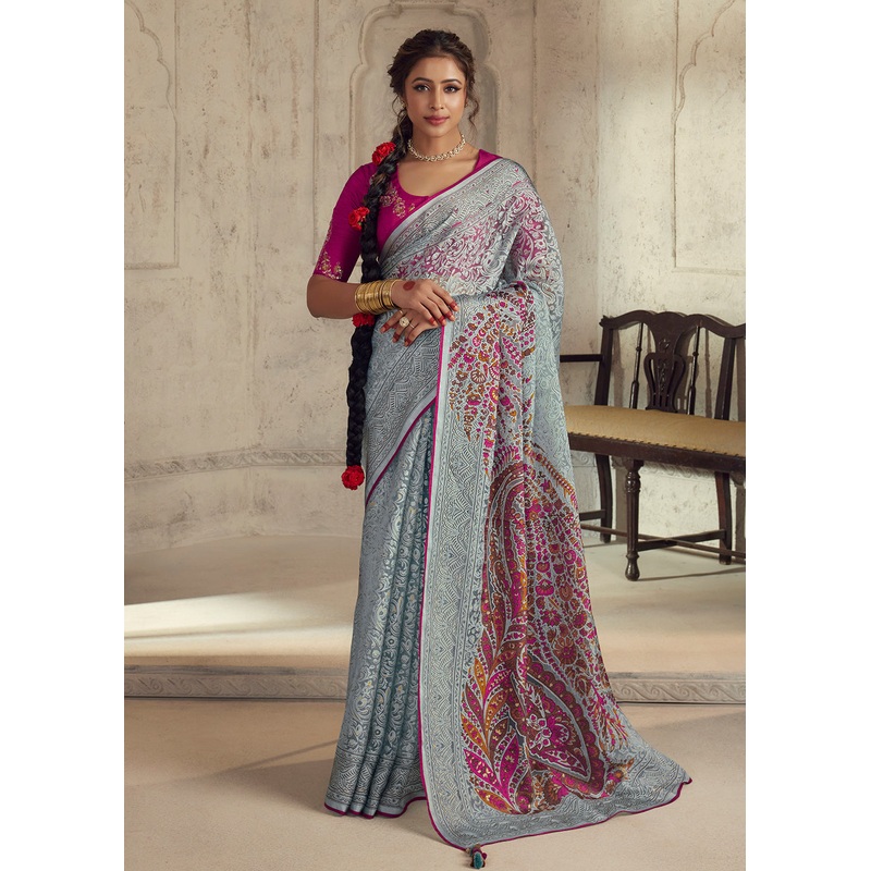 Powder Blue Soft Organza Brasso Embroidered Wedding Festive Saree