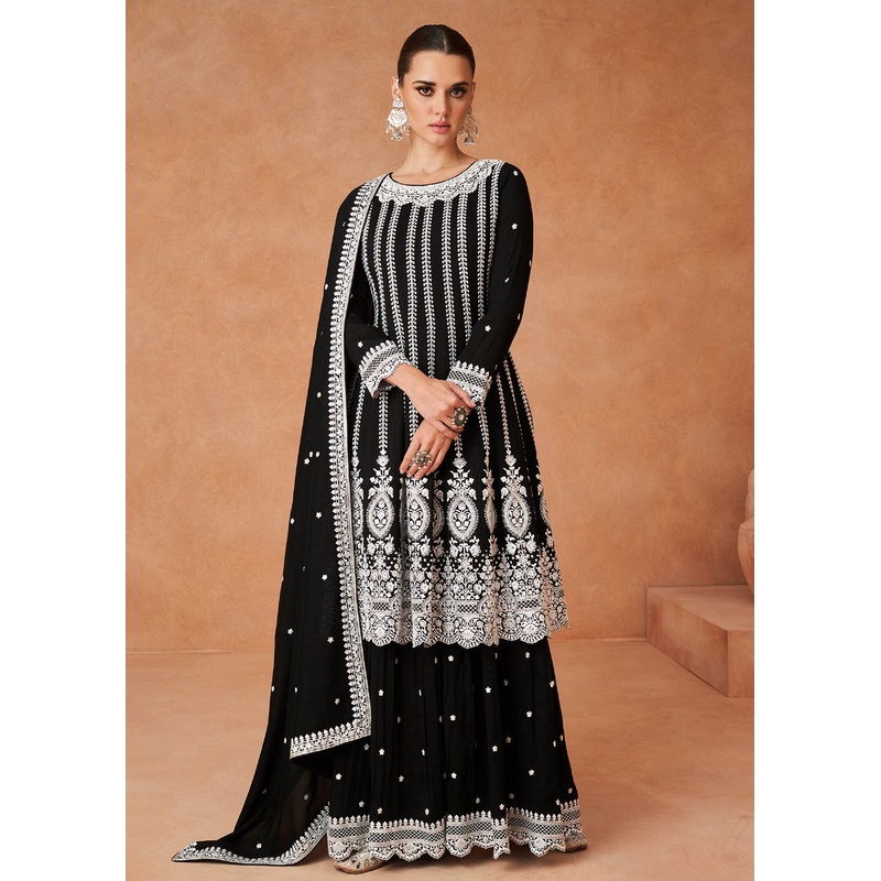 Premium Silk Embroidered Black Festive Sharara Suit