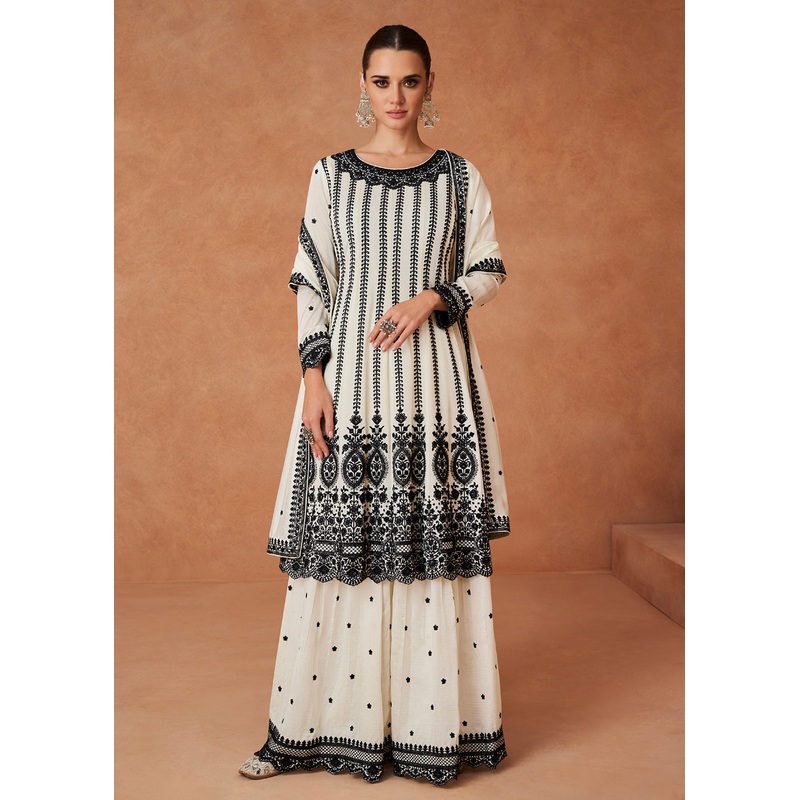 Premium Silk Embroidered Off White Festive Sharara Suit