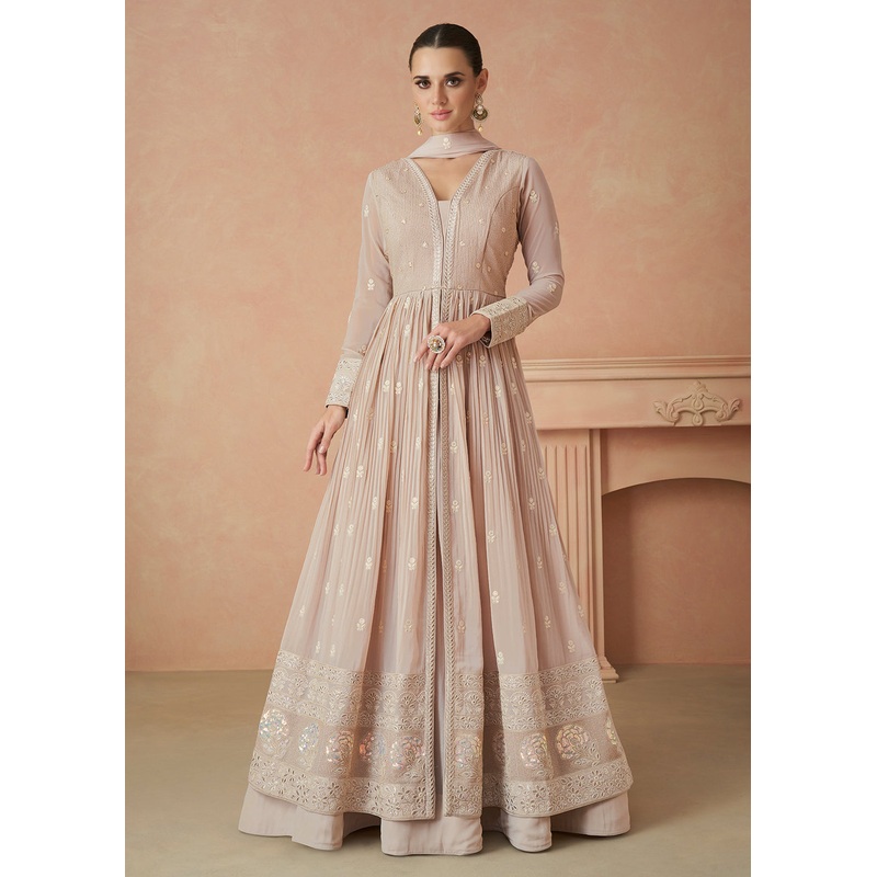 Pretty Beige Sequins Embroidered Georgette Designer Gown
