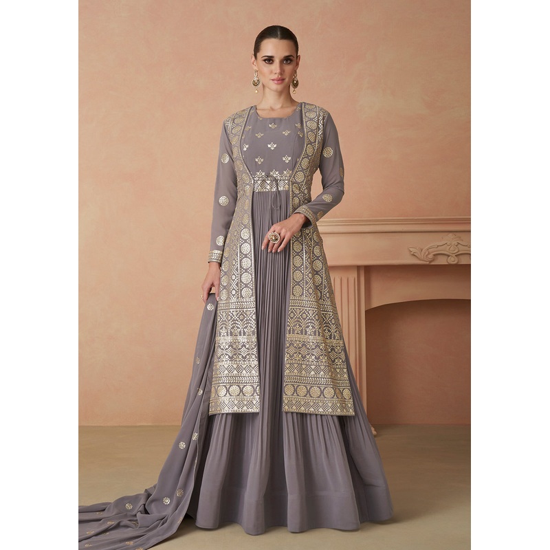 Pretty Grey Sequins Embroidered Georgette Designer Gown