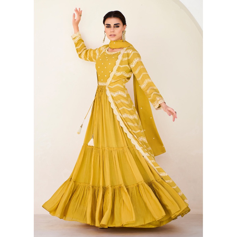Pretty Yellow Koti Style Wedding Party Anarkali Gown