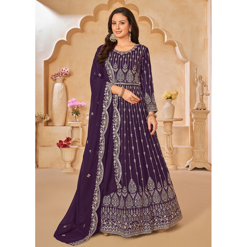 Purple Resham Zari Embroidered Festive Anarkali Suit