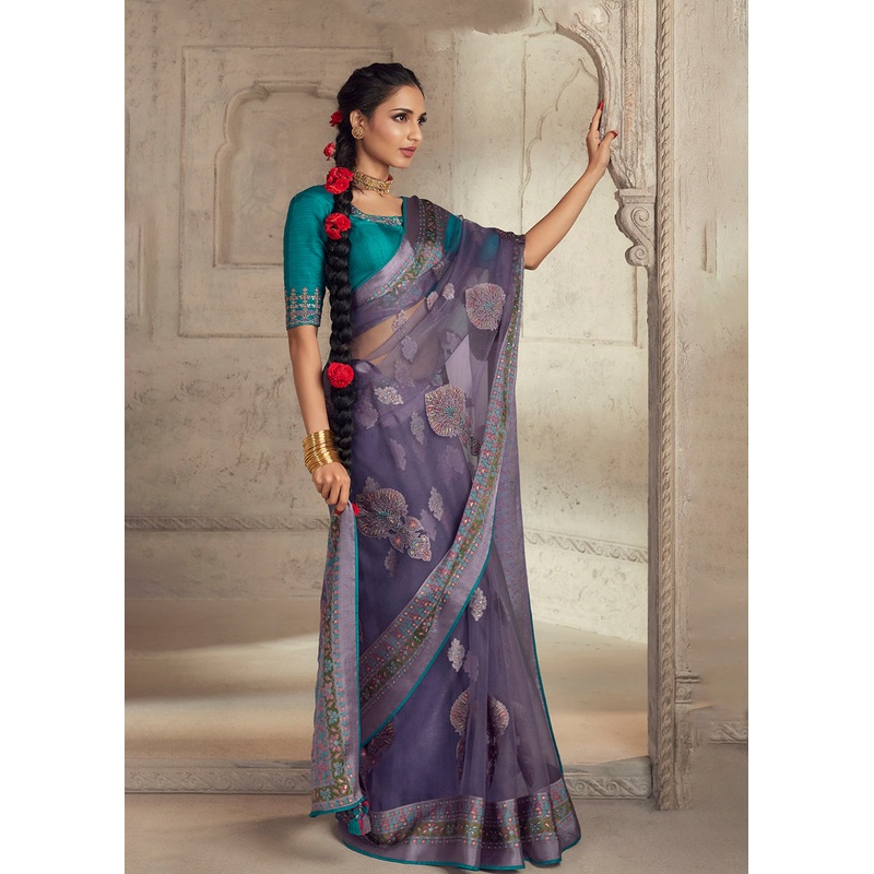 Purple Soft Organza Brasso Embroidered Wedding Festive Saree