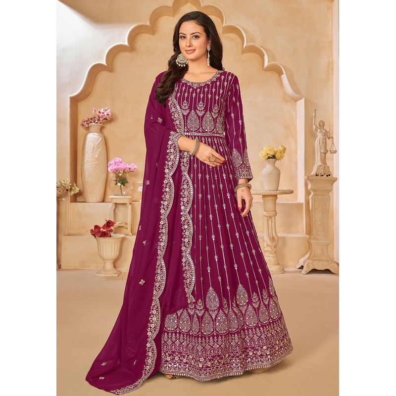 Rani Pink Resham Zari Embroidered Festive Anarkali Suit