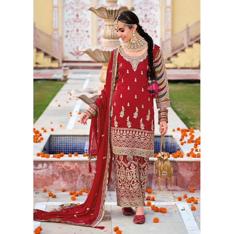 Red Premium Silk Embroidered Festive Ready Palazzo Suit